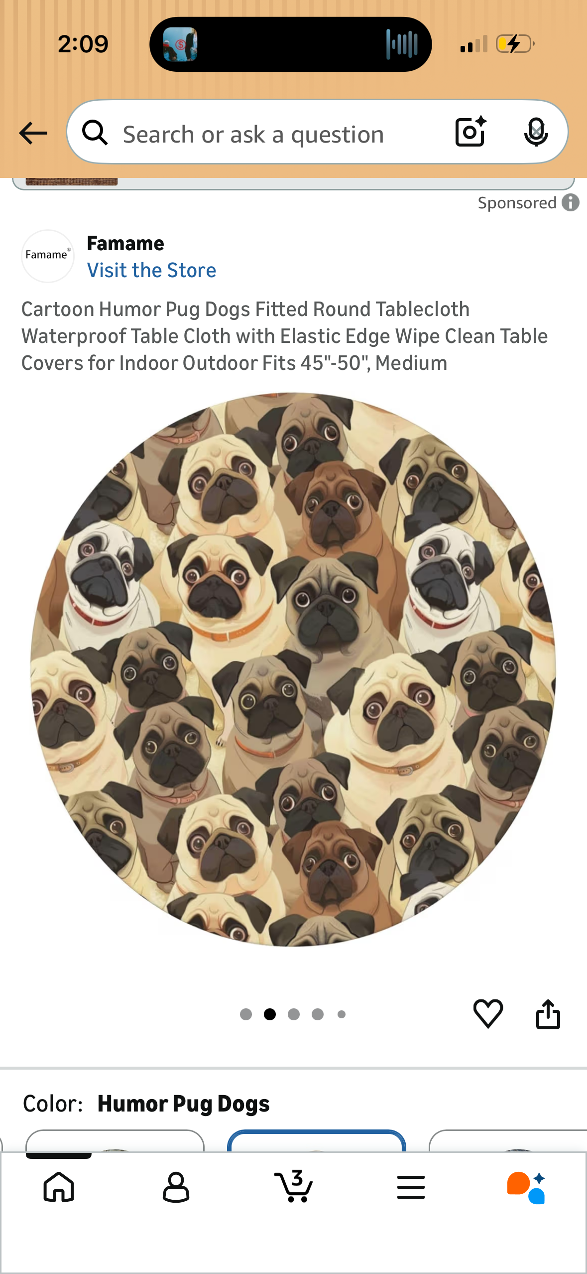 Cartoon Humor Pug Dogs Fitted Round Tablecloth Waterproof Table Cloth with Elastic Edge Wipe Clean Table Covers for Indoor Outdoor Fits 45"-50", Medium