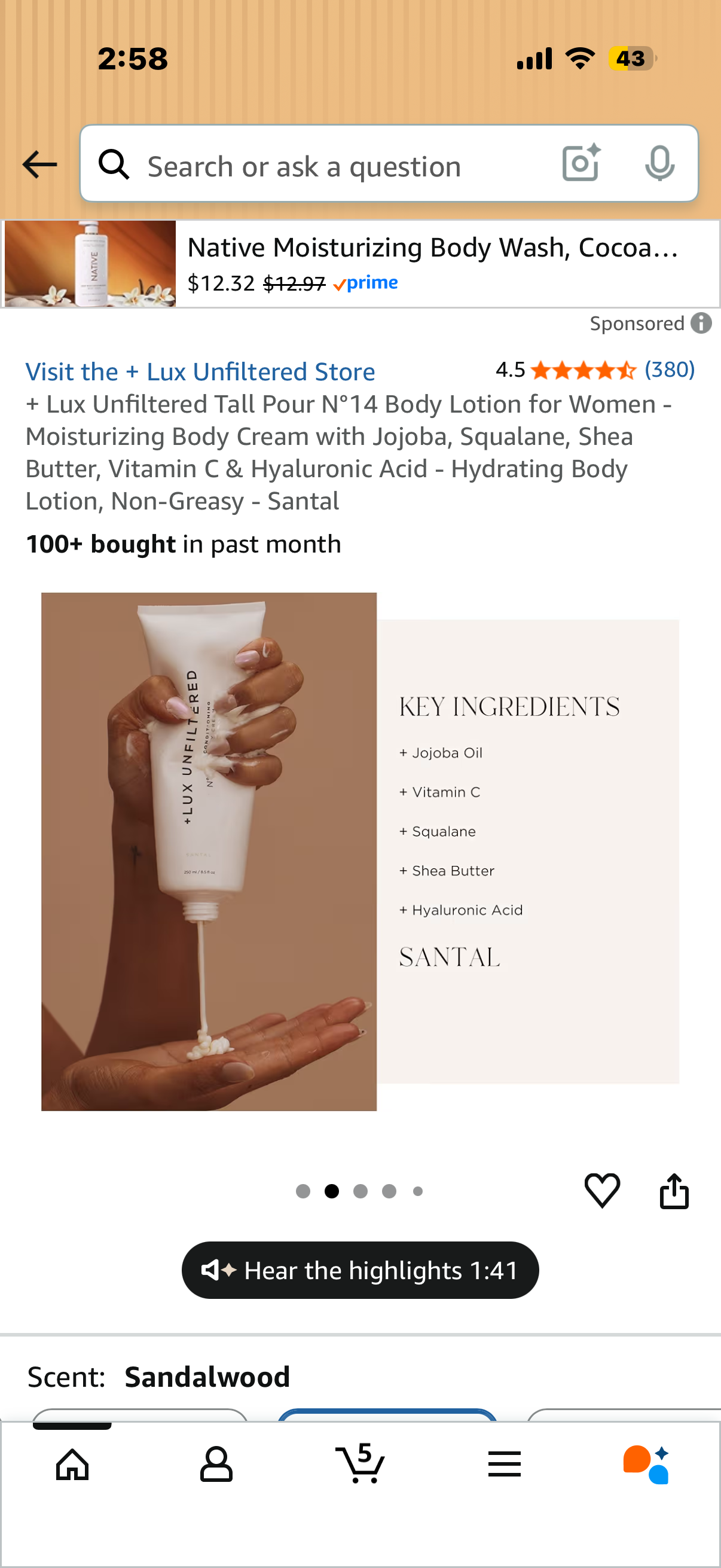 + Lux Unfiltered Tall Pour N°14 Body Lotion for Women - Moisturizing Body Cream with Jojoba, Squalane, Shea Butter, Vitamin C & Hyaluronic Acid - Hydrating Body Lotion, Non-Greasy - Santal