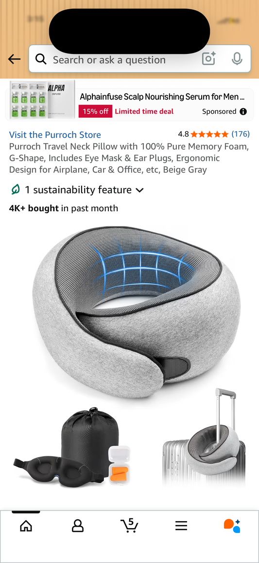 Purroch Travel Neck Pillow with 100% Pure Memory Foam, G-Shape, Includes Eye Mask & Ear Plugs, Ergonomic Design for Airplane, Car & Office, etc, Beige Gray