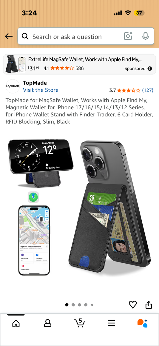 TopMade for MagSafe Wallet, Works with Apple Find My, Magnetic Wallet for iPhone 17/16/15/14/13/12 Series, for iPhone Wallet Stand with Finder Tracker, 6 Card Holder, RFID Blocking, Slim, Black