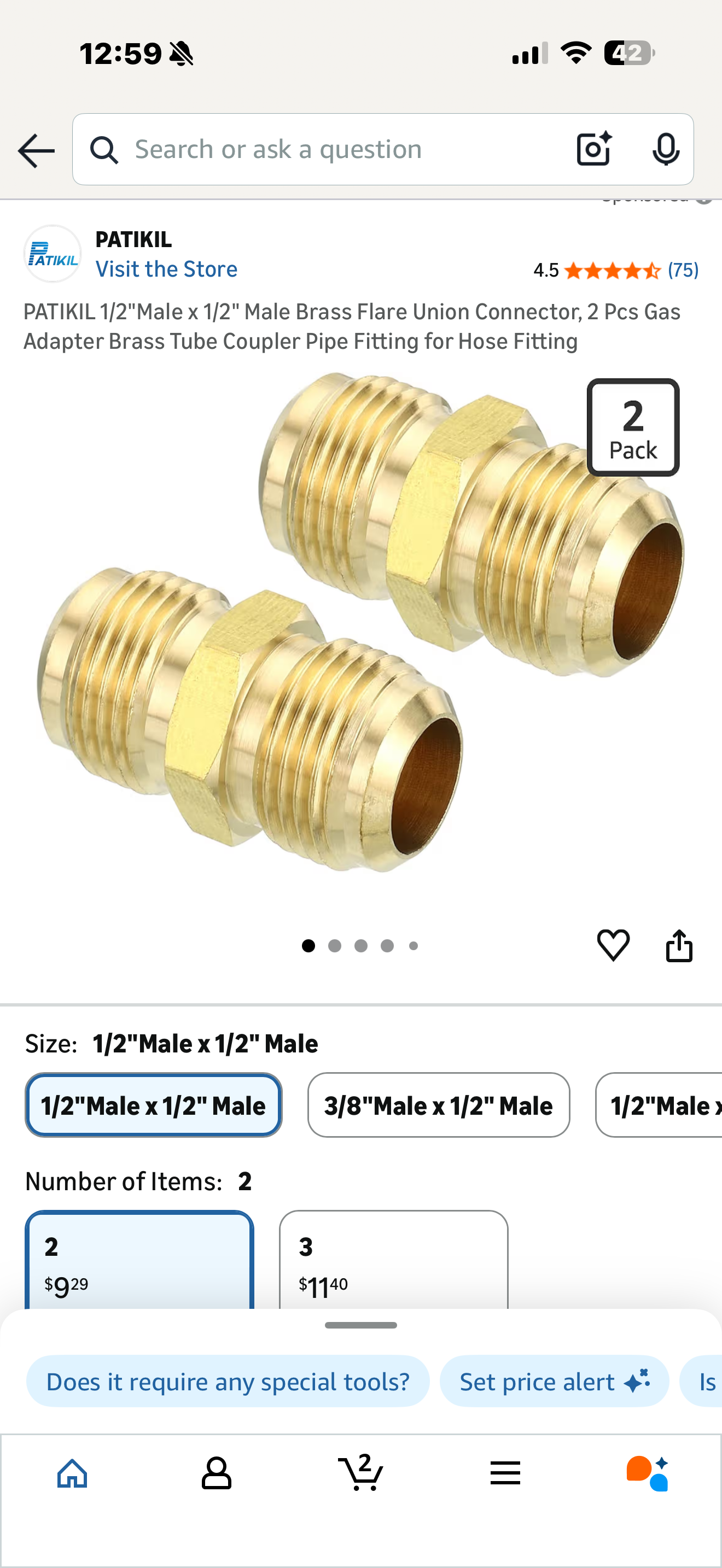 PATIKIL 1/2"Male x 1/2" Male Brass Flare Union Connector, 2 Pcs Gas Adapter Brass Tube Coupler Pipe Fitting for Hose Fitting