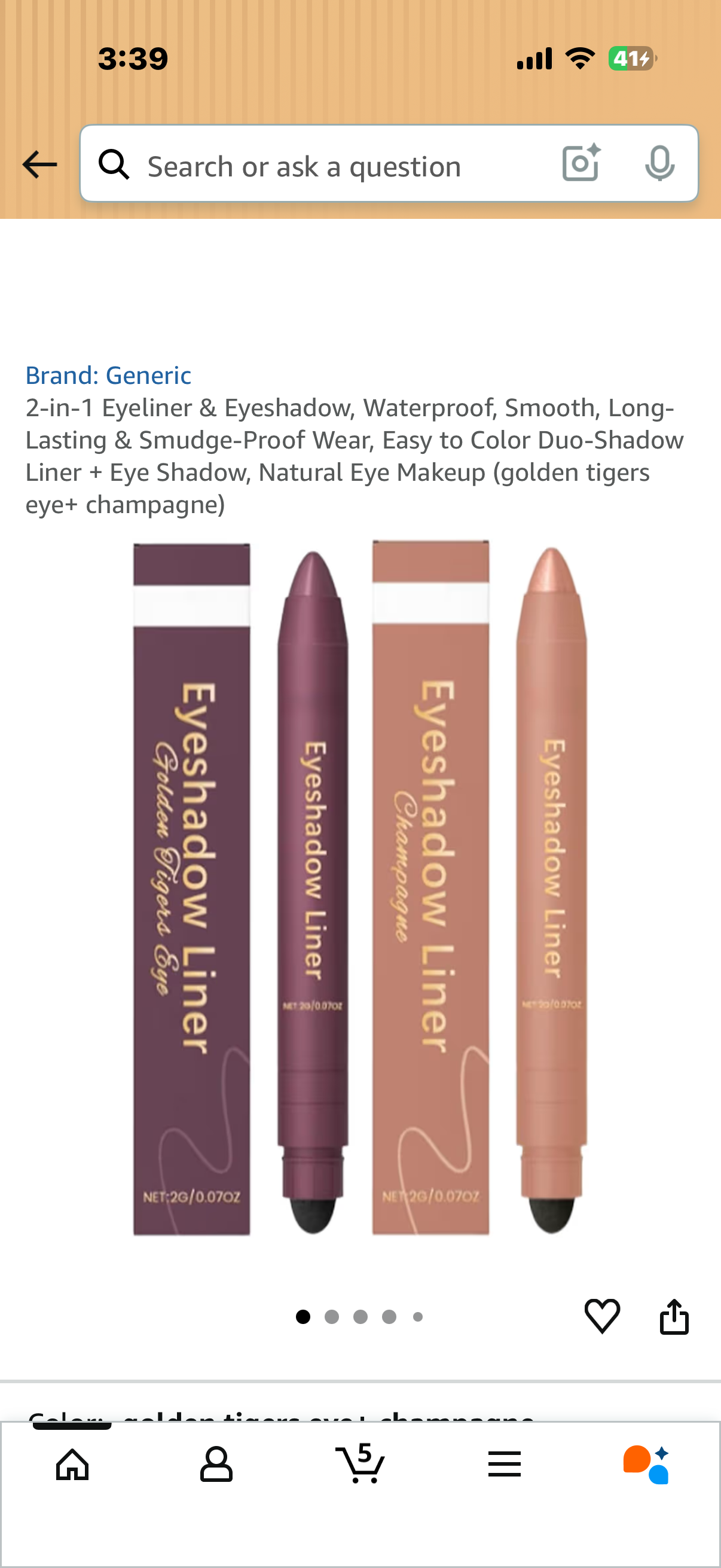 2-in-1 Eyeliner & Eyeshadow, Waterproof, Smooth, Long-Lasting & Smudge-Proof Wear, Easy to Color Duo-Shadow Liner + Eye Shadow, Natural Eye Makeup (golden tigers eye+ champagne)