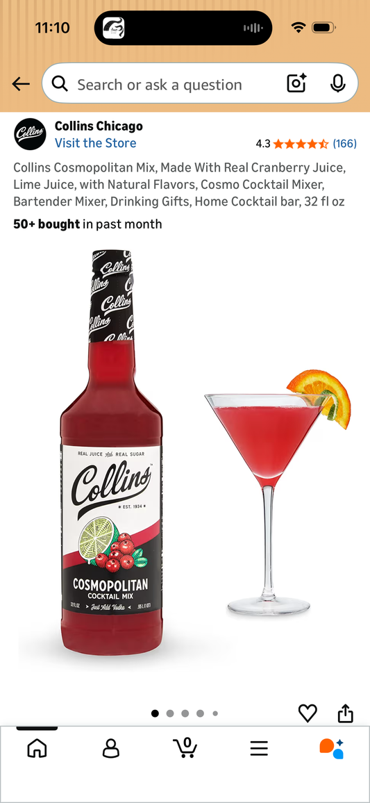 Collins Cosmopolitan Mix, Made With Real Cranberry Juice, Lime Juice, with Natural Flavors, Cosmo Cocktail Mixer, Bartender Mixer, Drinking Gifts, Home Cocktail bar, 32 fl oz