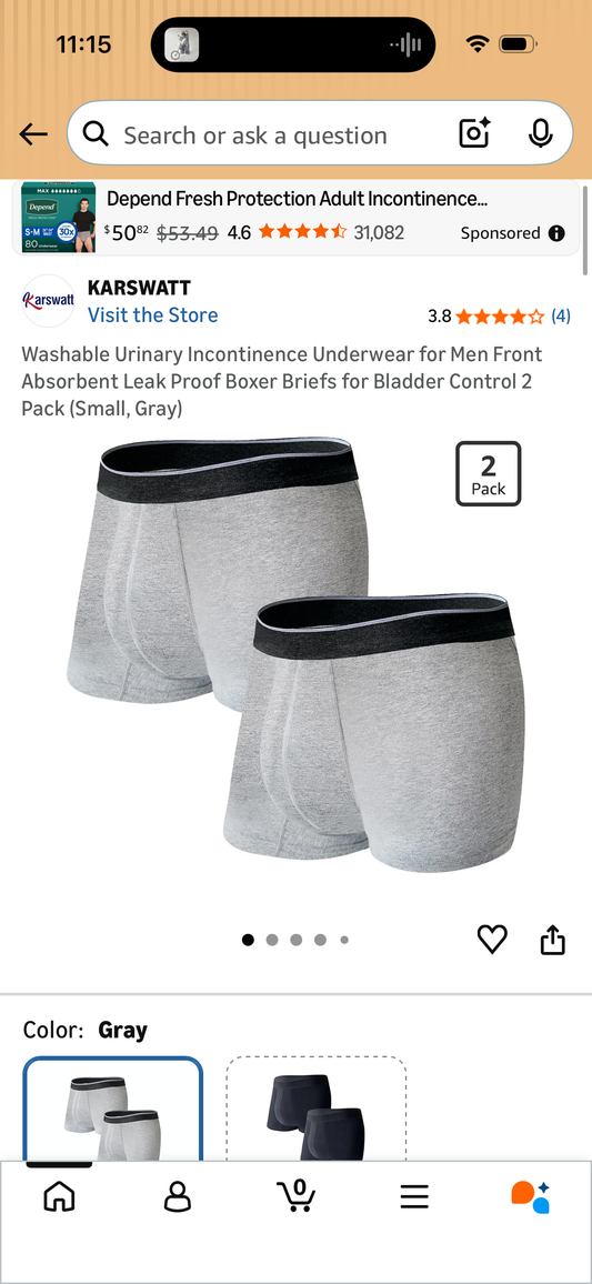 Washable Urinary Incontinence Underwear for Men Front Absorbent Leak Proof Boxer Briefs for Bladder Control 2 Pack (Size Small)