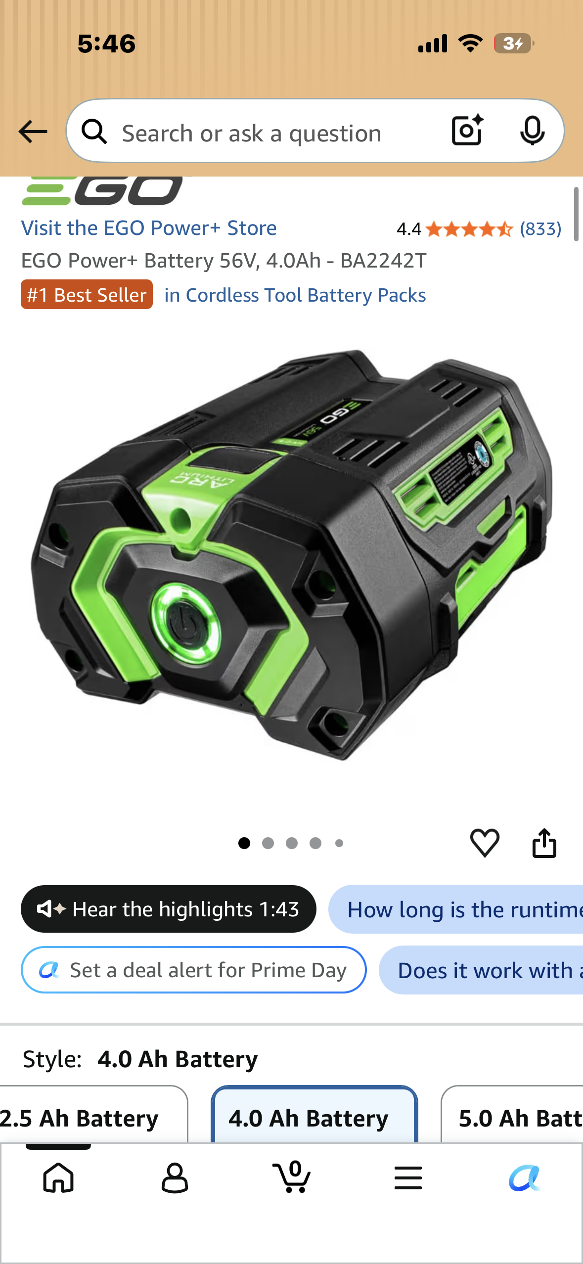 Combo Set of EGO Power Battery 56V, 4.0Ah - BA2242T and EGO POWER+ 320W Speed Charger - CH3200