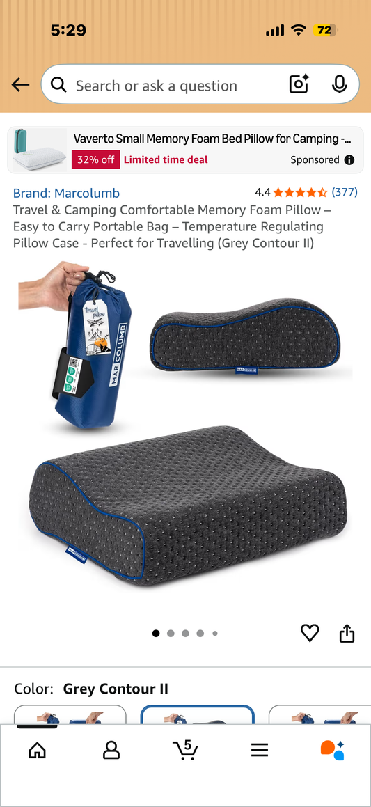 Travel & Camping Comfortable Memory Foam Pillow – Easy to Carry Portable Bag – Temperature Regulating Pillow Case - Perfect for Travelling (Grey Contour II