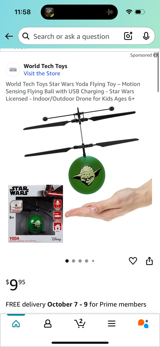 World Tech Toys Star Wars Yoda Flying Toy - Motion Sensing Flying Ball with USB Charging - Star Wars Licensed - Indoor/Outdoor Drone for Kids Ages 6+