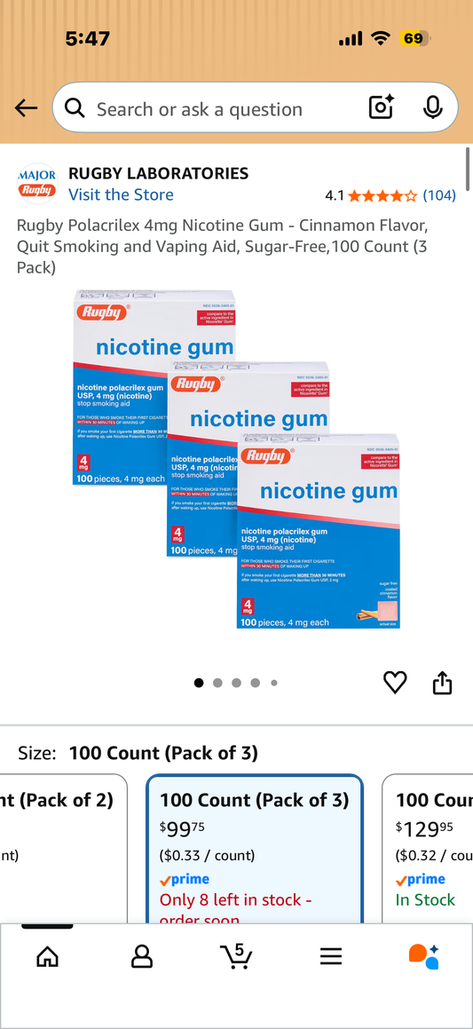 Rugby Polacrilex 4mg Nicotine Gum - Cinnamon Flavor, Quit Smoking and Vaping Aid, Sugar-Free,100 Count (3 Pack)