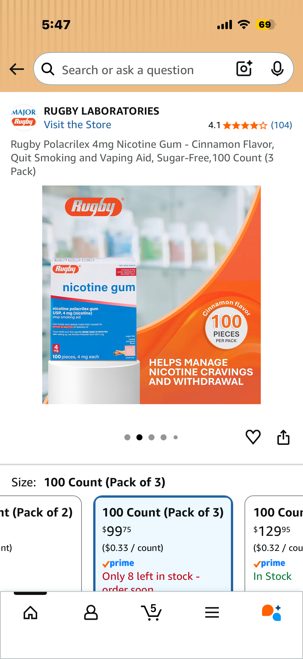 Rugby Polacrilex 4mg Nicotine Gum - Cinnamon Flavor, Quit Smoking and Vaping Aid, Sugar-Free,100 Count (3 Pack)