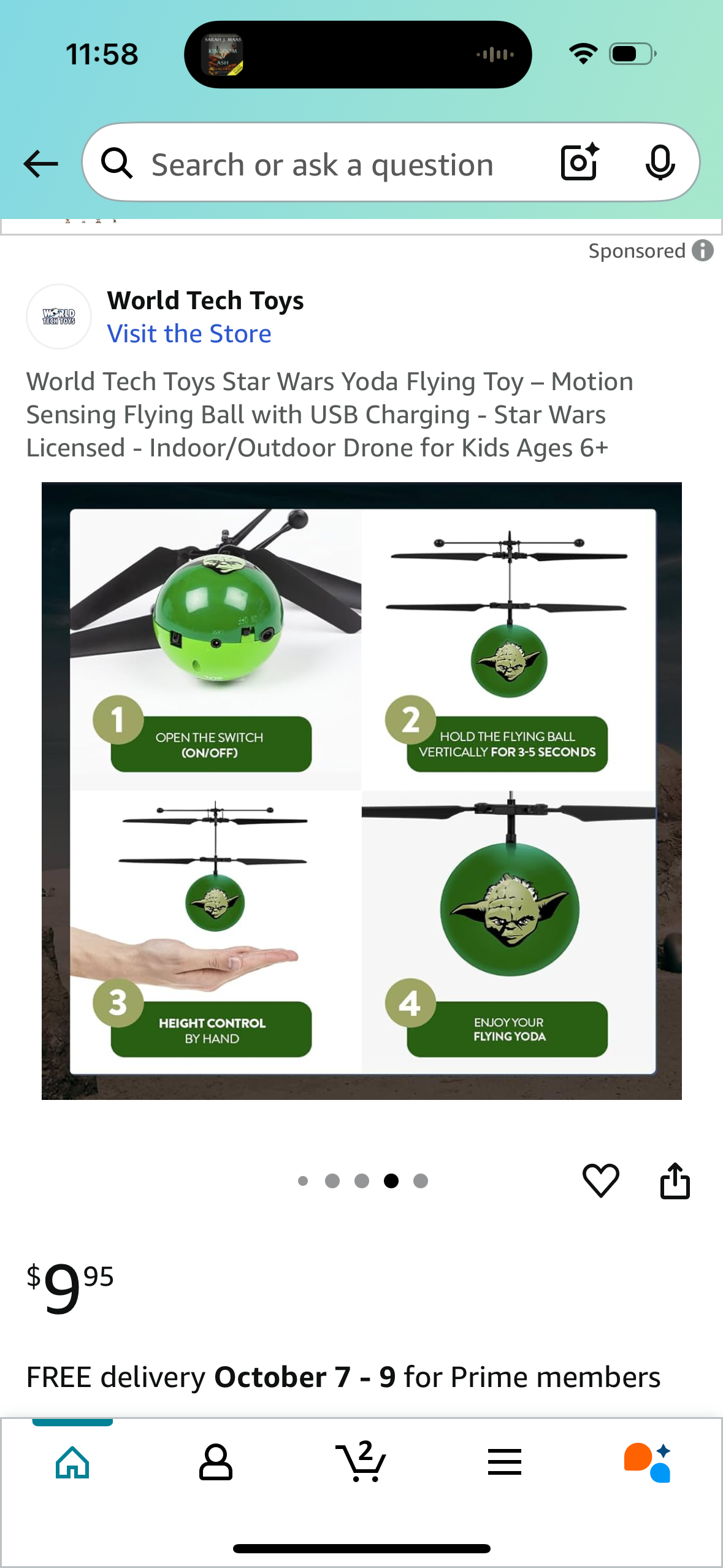 World Tech Toys Star Wars Yoda Flying Toy - Motion Sensing Flying Ball with USB Charging - Star Wars Licensed - Indoor/Outdoor Drone for Kids Ages 6+