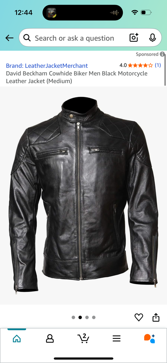 David Beckham Cowhide Biker Men Black Motorcycle Leather Jacket (Size Medium)