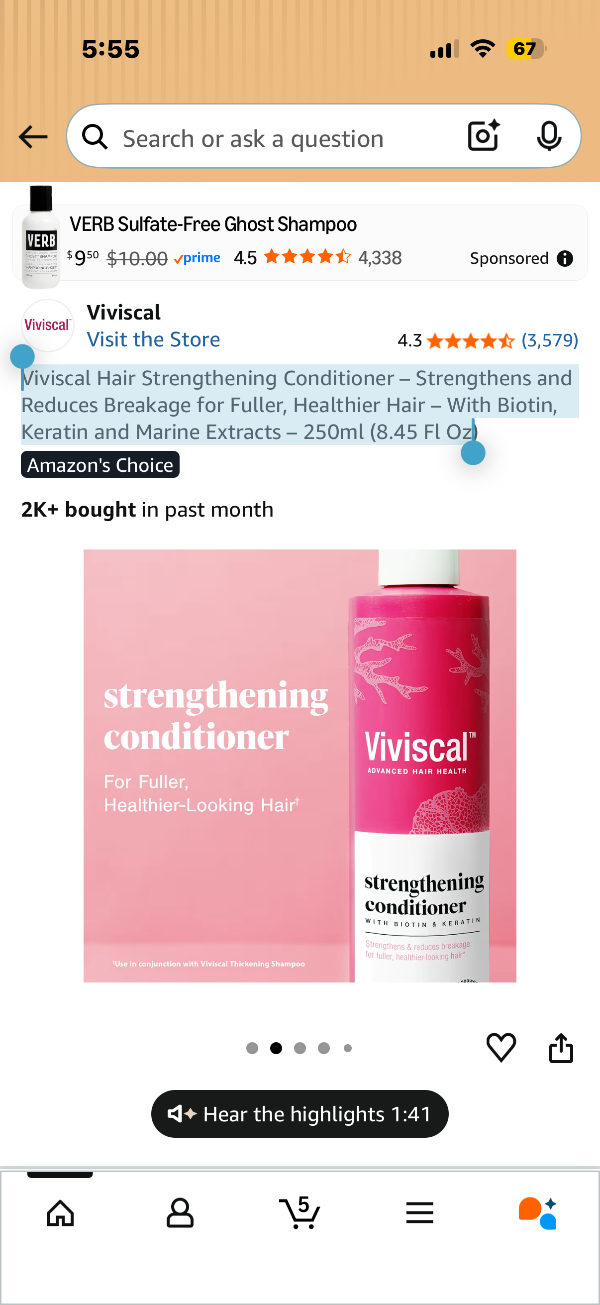 Viviscal Hair Strengthening Conditioner – Strengthens and Reduces Breakage for Fuller, Healthier Hair – With Biotin, Keratin and Marine Extracts – 250ml (8.45 Fl Oz