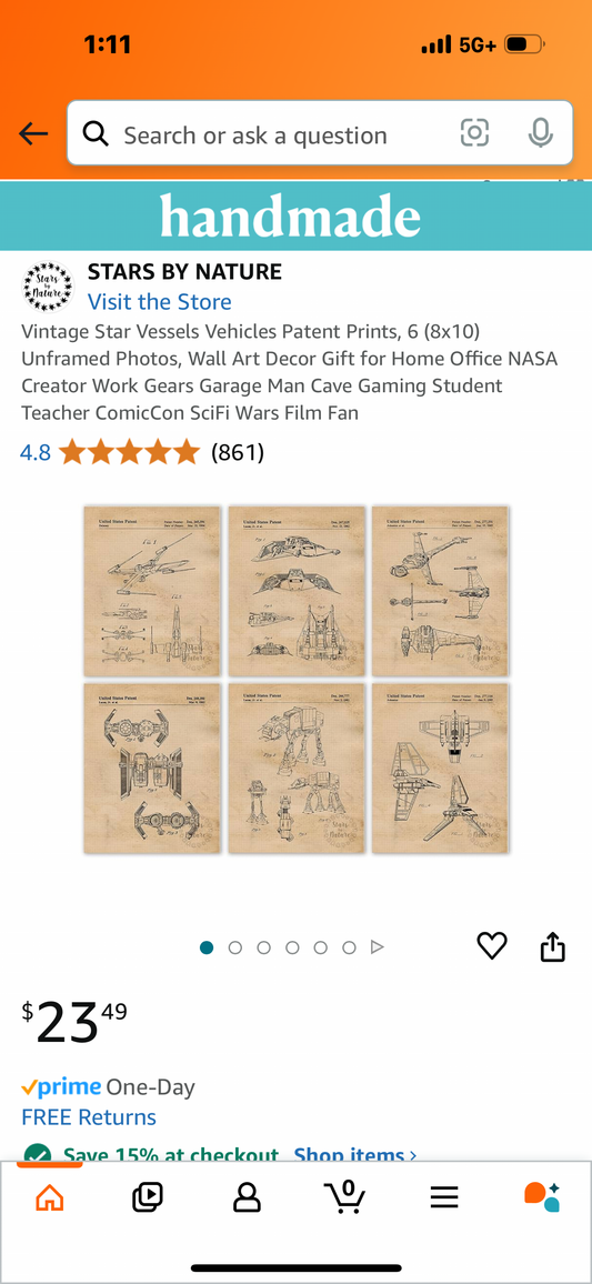 Vintage Star Vessels Vehicles Patent Prints, 6 (8x10) Unframed Photos, Wall Art Decor Gift for Home Office NASA Creator Work Gears Garage Man Cave Gaming Student Teacher ComicCon SciFi Wars Film Fan