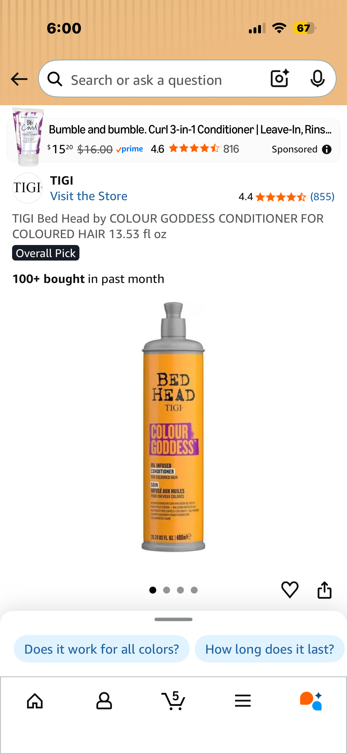 TIGI Bed Head by COLOUR GODDESS CONDITIONER FOR COLOURED HAIR 13.53 fl oz