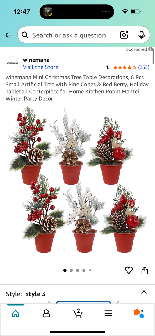 winemana Mini Christmas Tree Table Decorations, 6 Pcs Small Artificial Tree with Pine Cones & Red Berry, Holiday Tabletop Centerpiece for Home Kitchen Room Mantel Winter Party Decor