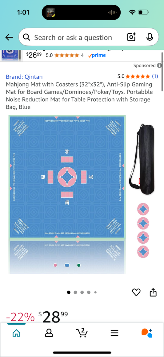 Mahjong Mat with Coasters (32"x32"), Anti-Slip Gaming Mat for Board Games/Dominoes/Poker/Toys, Portabble Noise Reduction Mat for Table Protection with Storage Bag, Blue