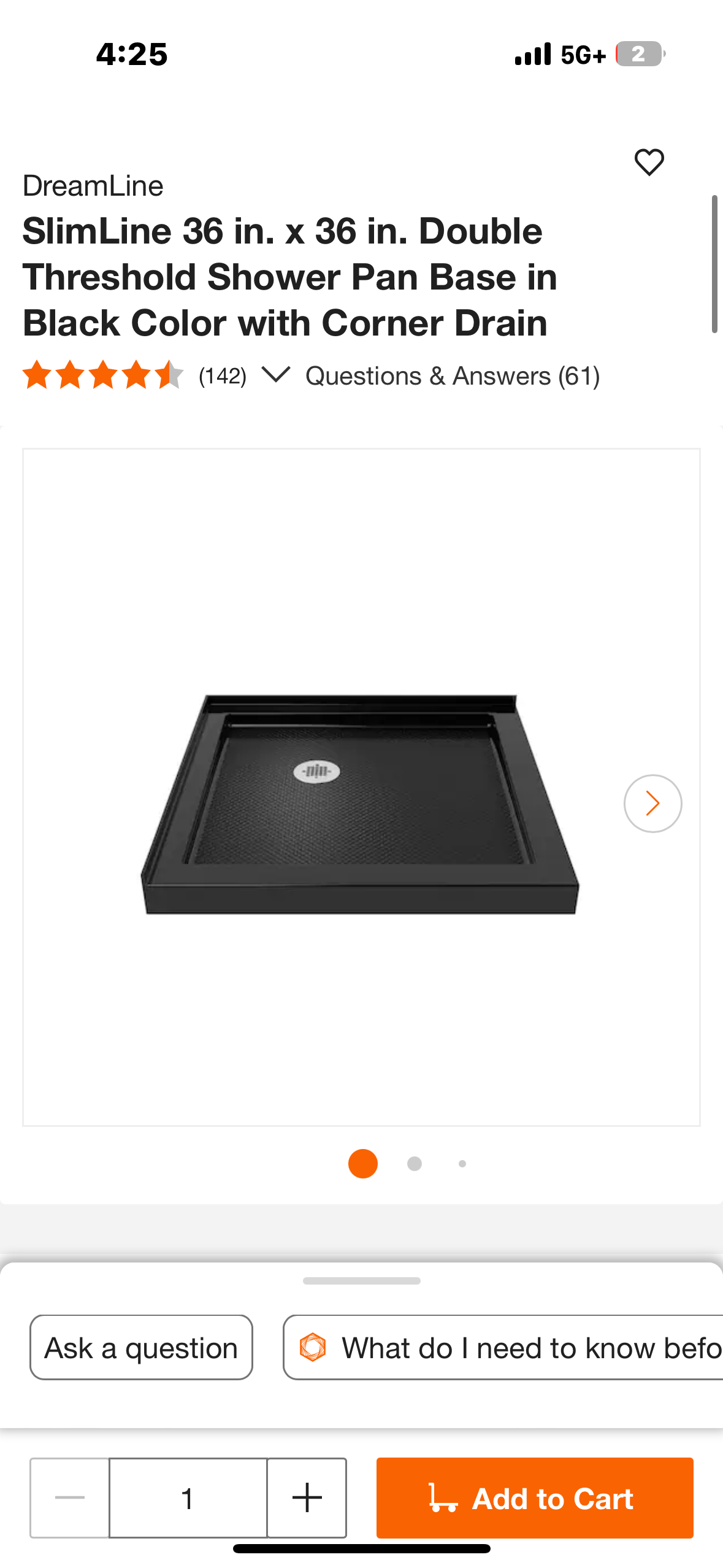 DreamLine SlimLine 36 in. D x 36 in. W x 2 3/4 in. H Corner Drain Double Threshold Shower Base in Black, DLT-1036360-88 (B1062)