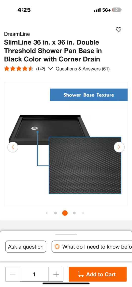 DreamLine SlimLine 36 in. D x 36 in. W x 2 3/4 in. H Corner Drain Double Threshold Shower Base in Black, DLT-1036360-88 (B1062)