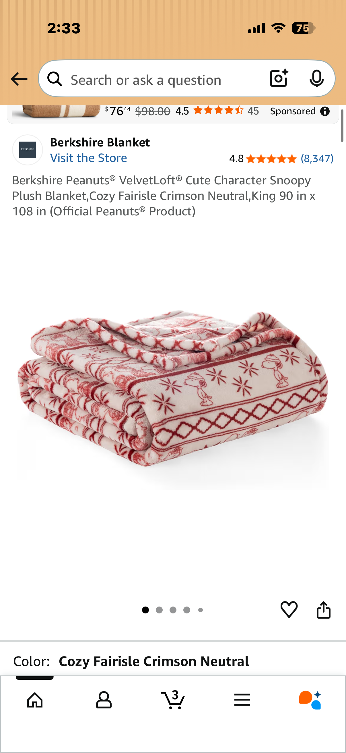 Berkshire Peanuts® VelvetLoft® Cute Character Snoopy Plush Blanket,Cozy Fairisle Crimson Neutral,King 90 in x 108 in (Official Peanuts® Product