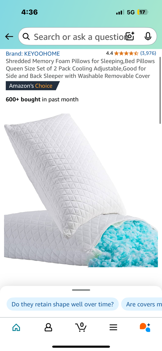 Shredded Memory Foam Pillows for Sleeping,Bed Pillows Queen Size Set of 2 Pack Cooling Adjustable,Good for Side and Back Sleeper with Washable Removable Cover