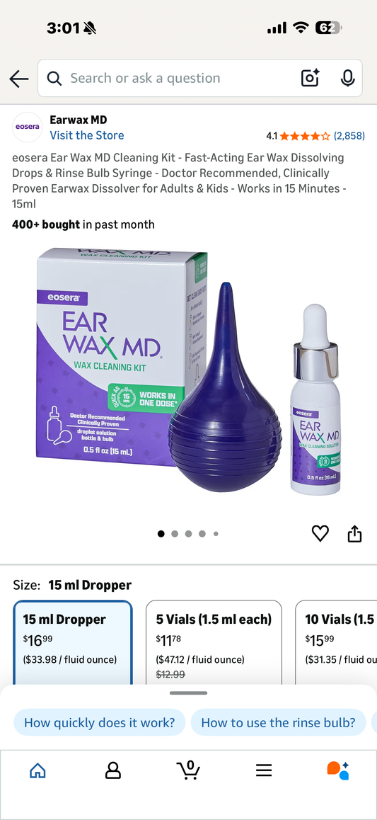 eosera Ear Wax MD Cleaning Kit - Fast-Acting Ear Wax Dissolving Drops & Rinse Bulb Syringe - Doctor Recommended, Clinically Proven Earwax Dissolver for Adults & Kids - Works in 15 Minutes - 15ml