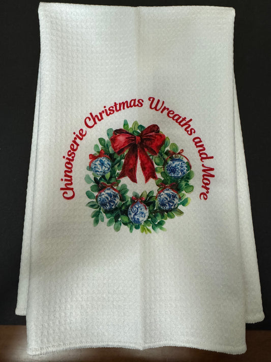 Chinoiserie Christmas Kitchen Towel - Coquette Red Bow Christmas Wreath Hand Towels for Bathroom, Christmas Tea Towels Dish Towels for Kitchen, Christmas Kitchen Bathroom Decor, 16x24 Inch