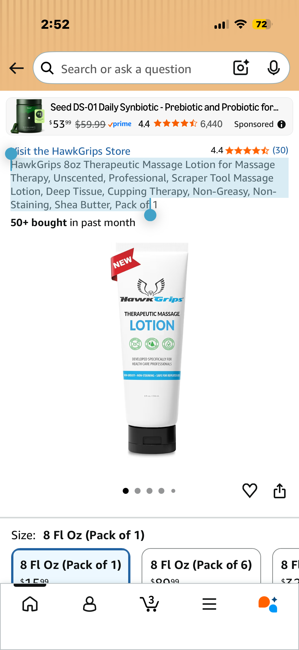 HawkGrips 8oz Therapeutic Massage Lotion for Massage Therapy, Unscented, Professional, Scraper Tool Massage Lotion, Deep Tissue, Cupping Therapy, Non-Greasy, Non-Staining, Shea Butter, Pack of