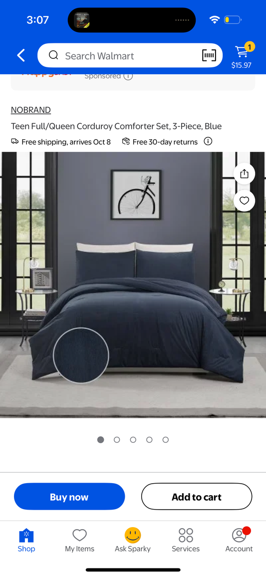 Full/Queen Corduroy Comforter Set, 3-Piece, Blue