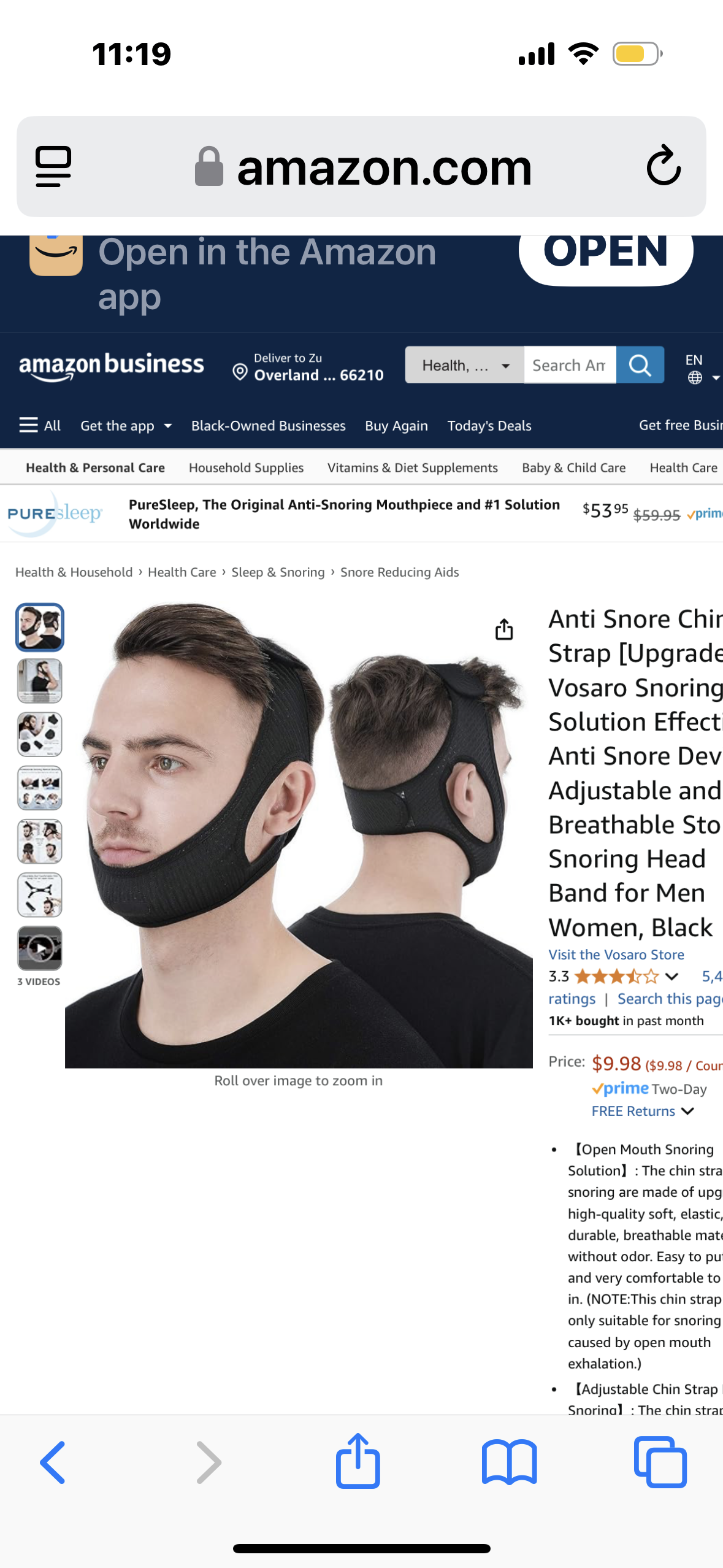 Anti Snore Chin Strap [Upgraded], Vosaro Snoring Solution Effective Anti Snore Device, Adjustable and Breathable Stop Snoring Head Band for Men Women, Black