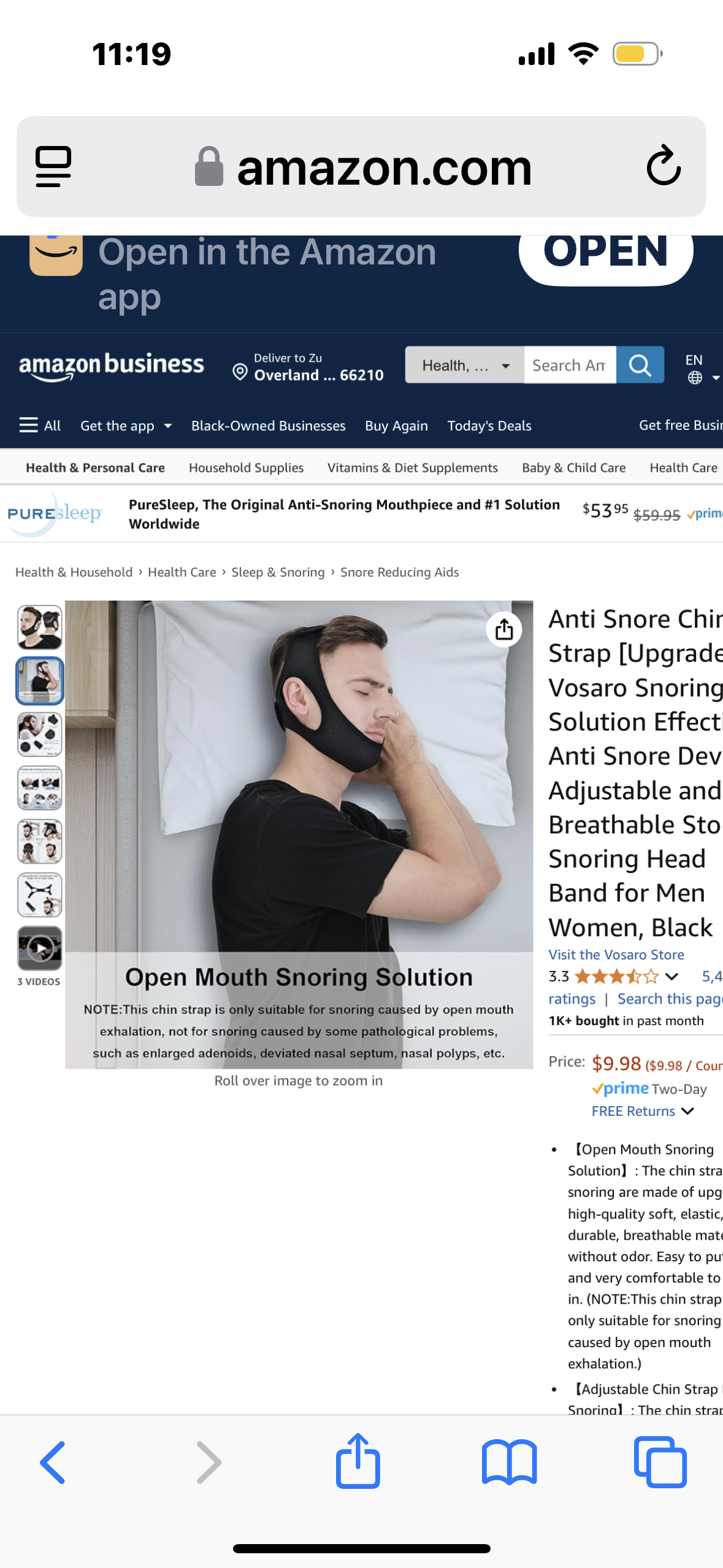 Anti Snore Chin Strap [Upgraded], Vosaro Snoring Solution Effective Anti Snore Device, Adjustable and Breathable Stop Snoring Head Band for Men Women, Black