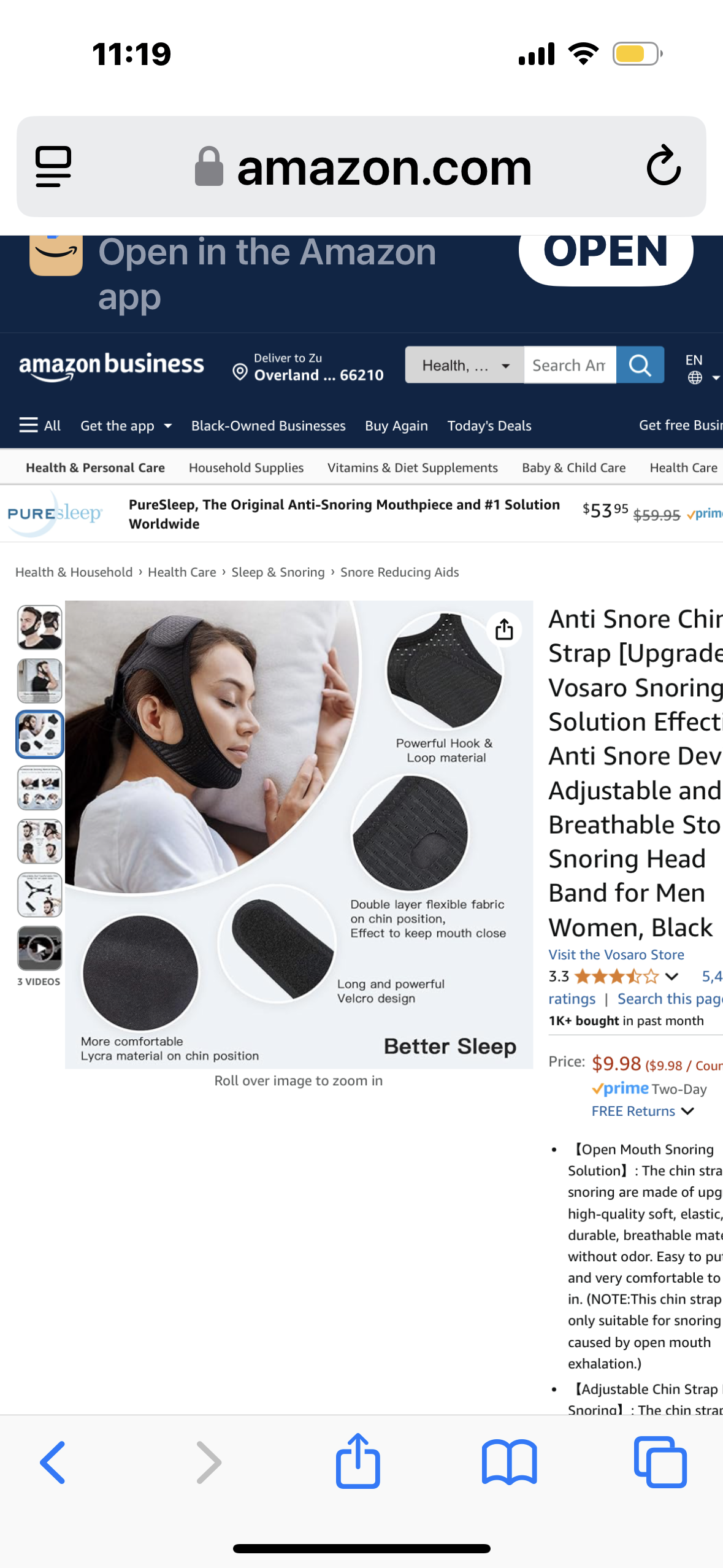 Anti Snore Chin Strap [Upgraded], Vosaro Snoring Solution Effective Anti Snore Device, Adjustable and Breathable Stop Snoring Head Band for Men Women, Black
