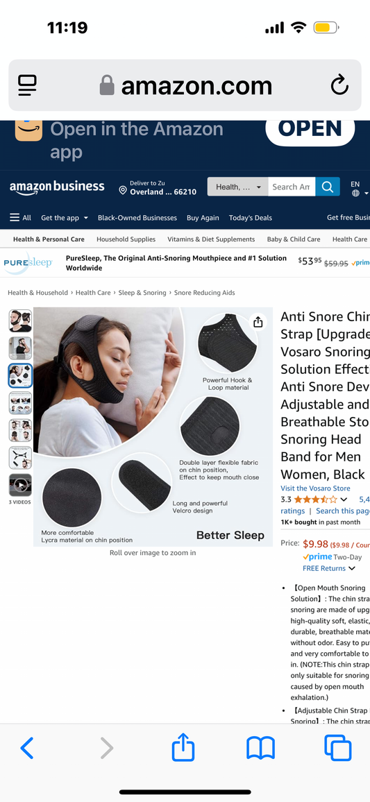 Anti Snore Chin Strap [Upgraded], Vosaro Snoring Solution Effective Anti Snore Device, Adjustable and Breathable Stop Snoring Head Band for Men Women, Black