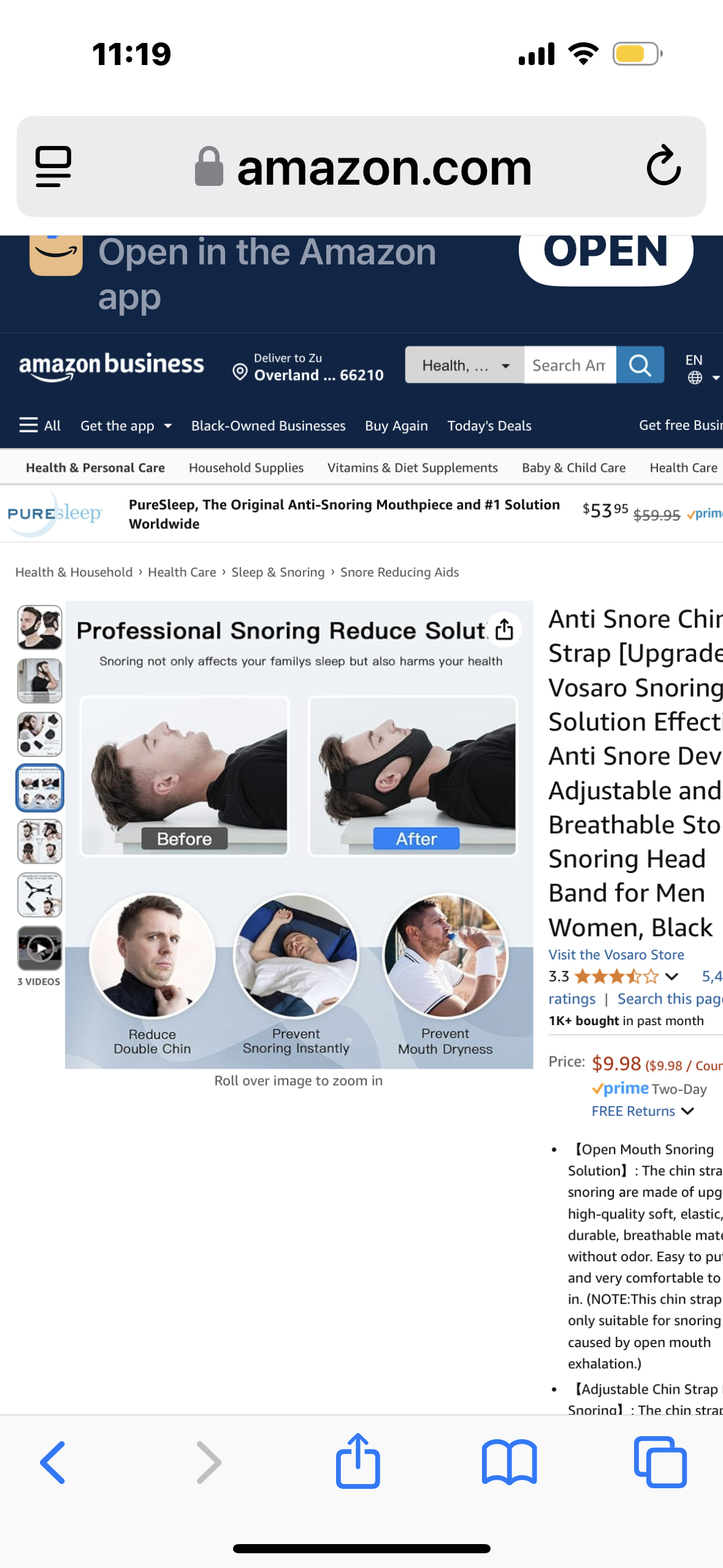 Anti Snore Chin Strap [Upgraded], Vosaro Snoring Solution Effective Anti Snore Device, Adjustable and Breathable Stop Snoring Head Band for Men Women, Black