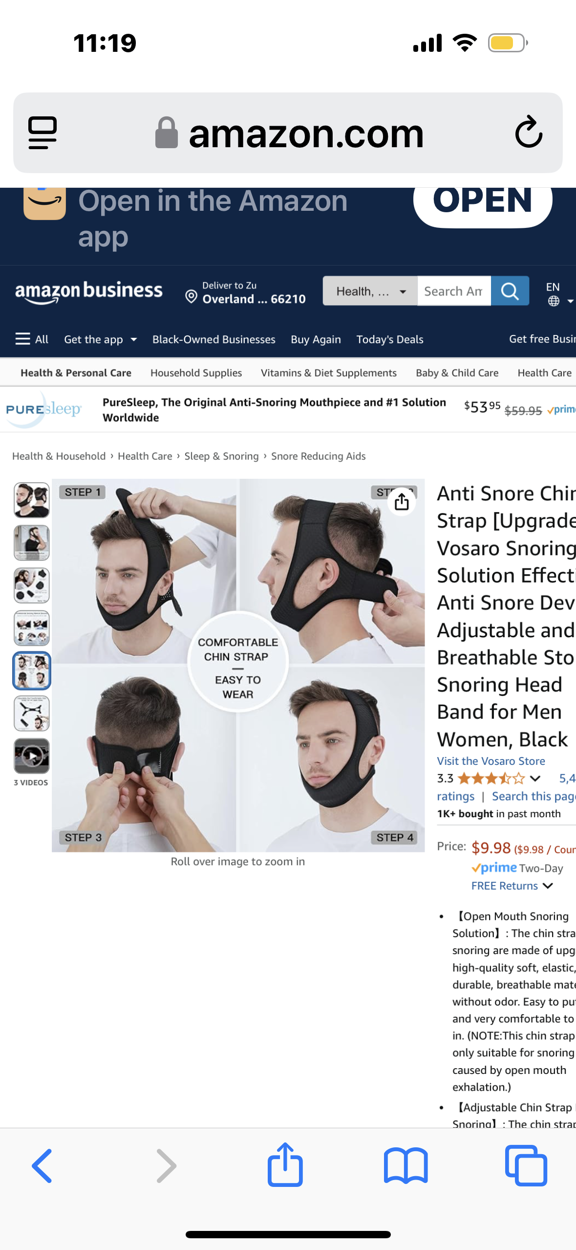 Anti Snore Chin Strap [Upgraded], Vosaro Snoring Solution Effective Anti Snore Device, Adjustable and Breathable Stop Snoring Head Band for Men Women, Black