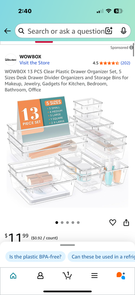 WOWBOX 13 PCS Clear Plastic Drawer Organizer Set, 5 Sizes Desk Drawer Divider Organizers and Storage Bins for Makeup, Jewelry, Gadgets for Kitchen, Bedroom, Bathroom, Office