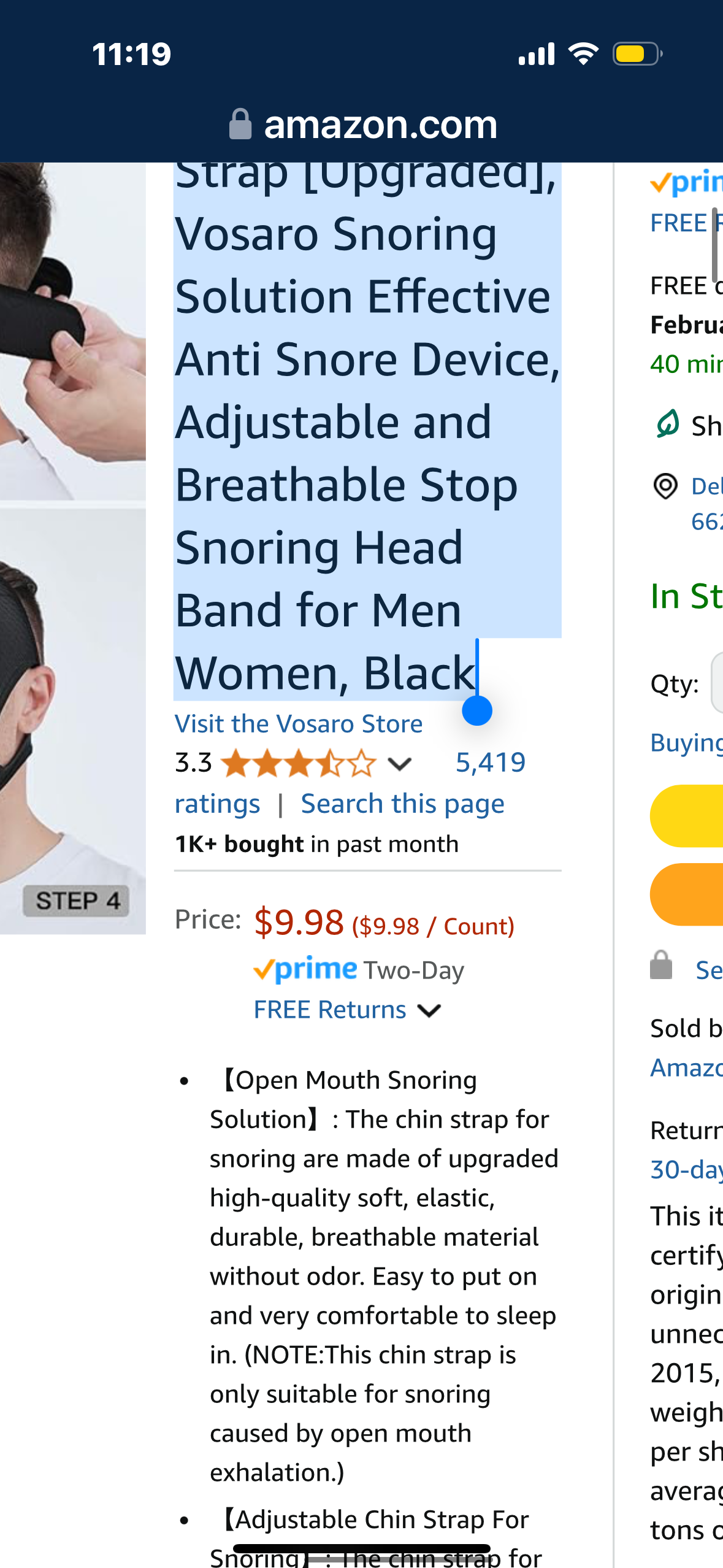 Anti Snore Chin Strap [Upgraded], Vosaro Snoring Solution Effective Anti Snore Device, Adjustable and Breathable Stop Snoring Head Band for Men Women, Black
