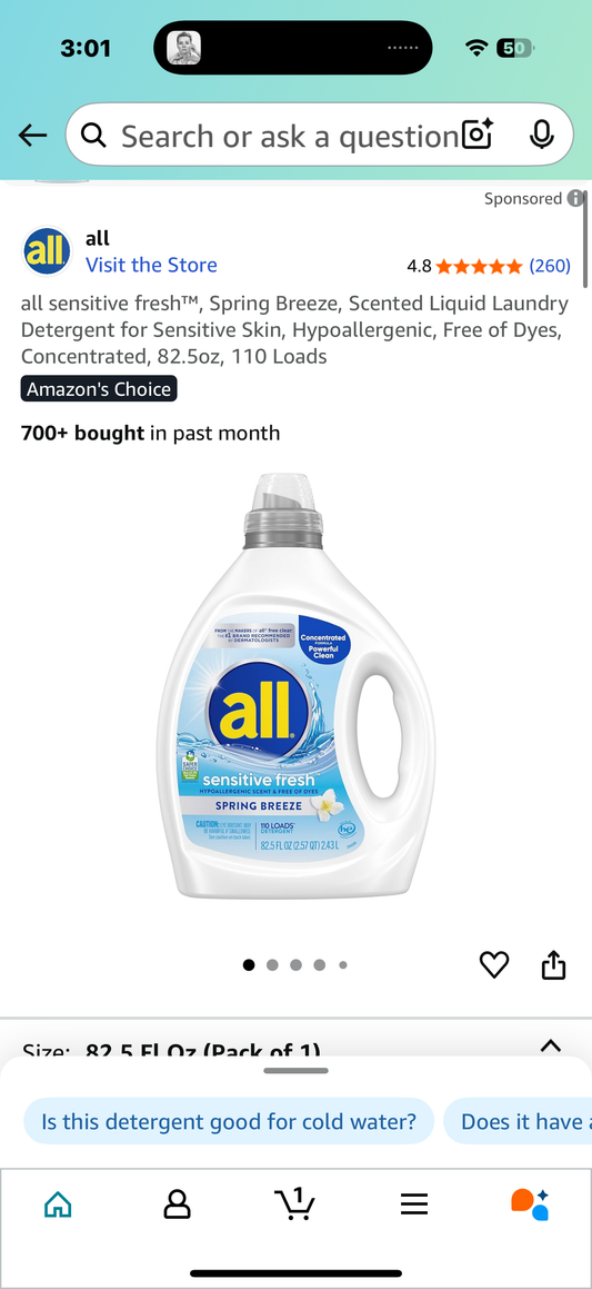 all sensitive fresh™, Spring Breeze, Scented Liquid Laundry Detergent for Sensitive Skin, Hypoallergenic, Free of Dyes, Concentrated, 82.5oz, 110 Loads
