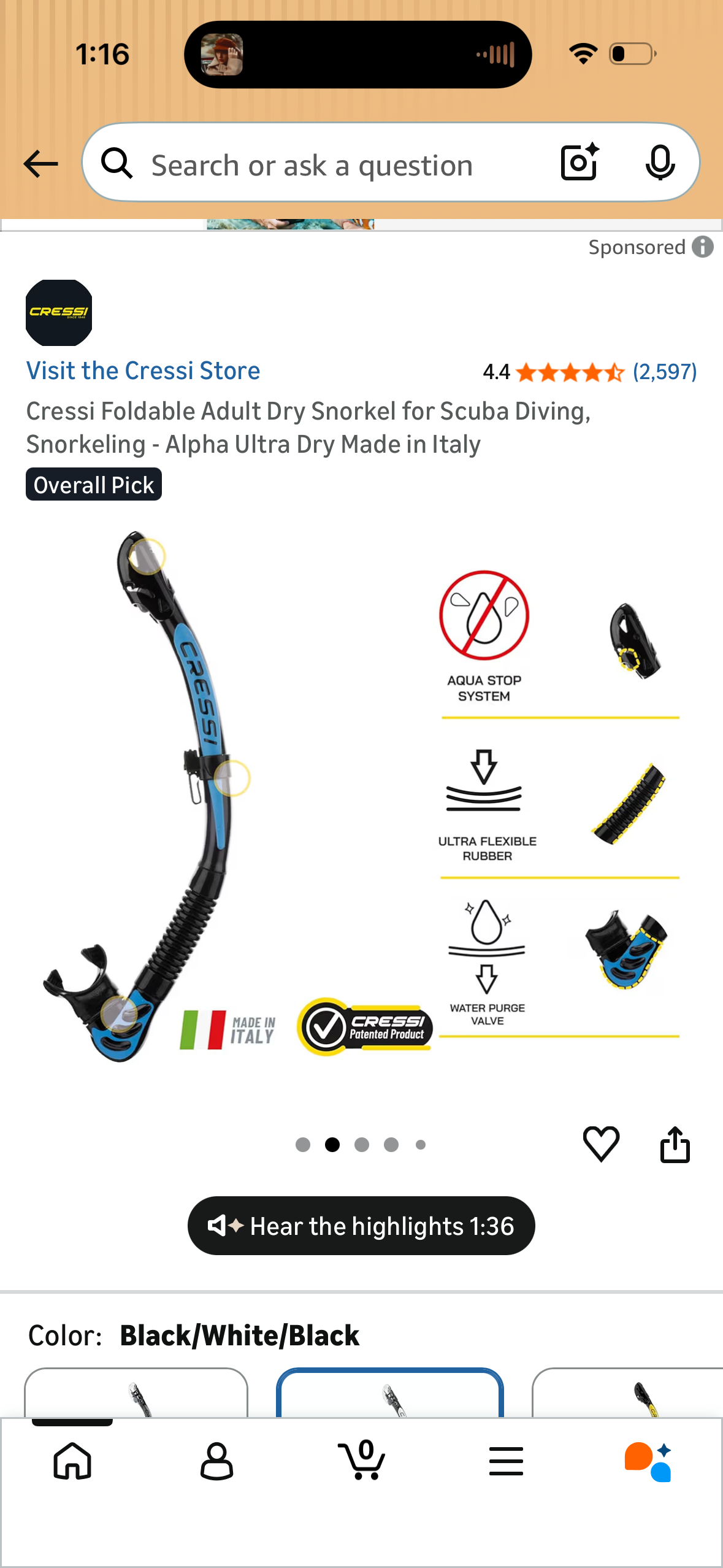 Cressi Foldable Adult Dry Snorkel for Scuba Diving, Snorkeling - Alpha Ultra Dry Made in Italy