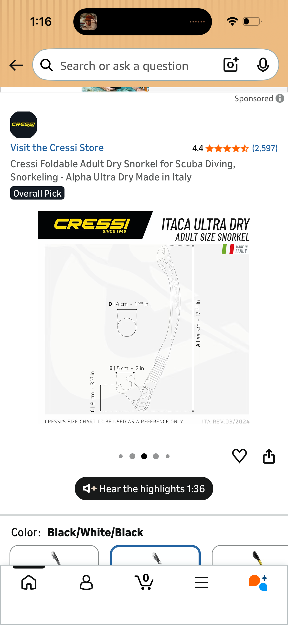 Cressi Foldable Adult Dry Snorkel for Scuba Diving, Snorkeling - Alpha Ultra Dry Made in Italy