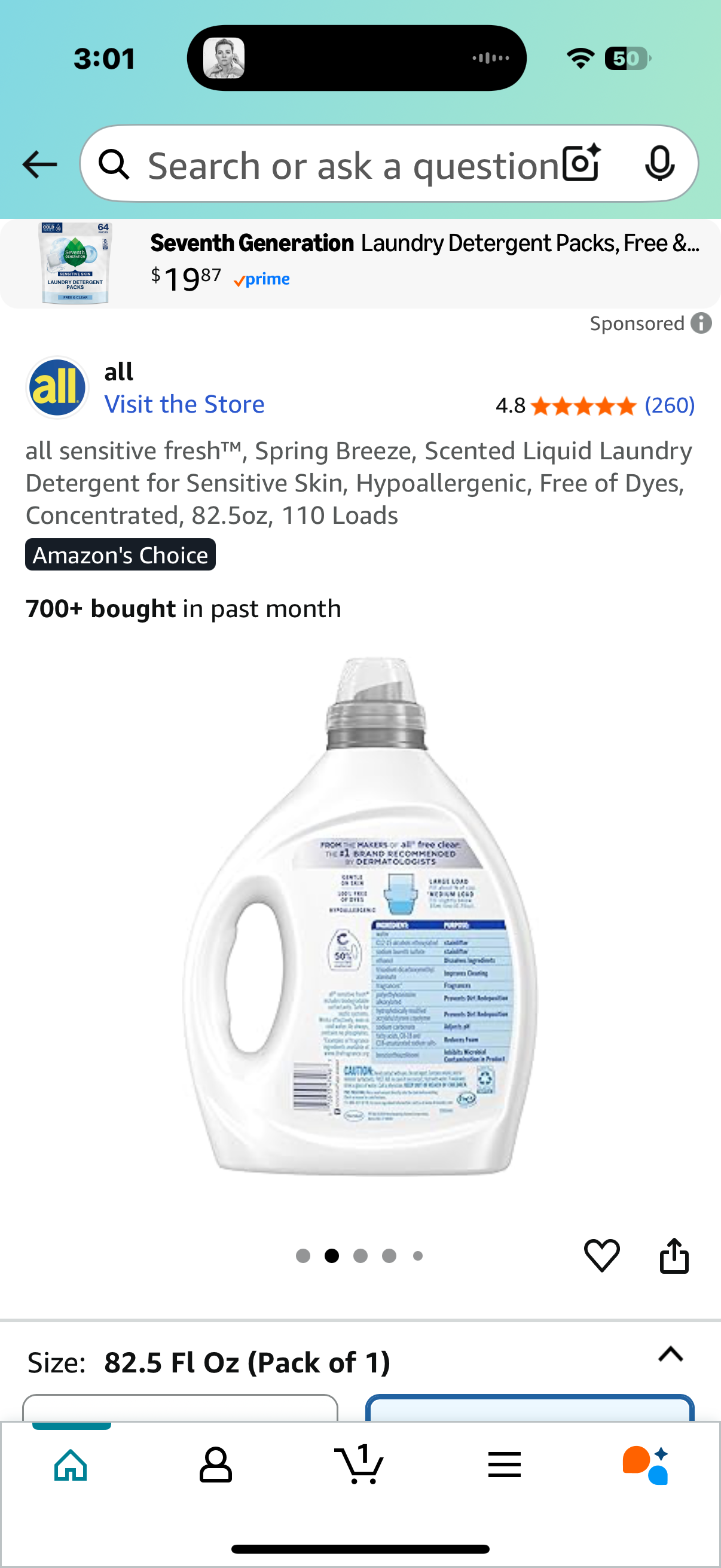 all sensitive fresh™, Spring Breeze, Scented Liquid Laundry Detergent for Sensitive Skin, Hypoallergenic, Free of Dyes, Concentrated, 82.5oz, 110 Loads