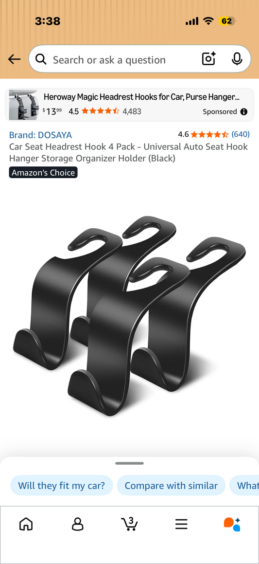 Car Seat Headrest Hook 4 Pack - Universal Auto Seat Hook Hanger Storage Organizer Holder (Black