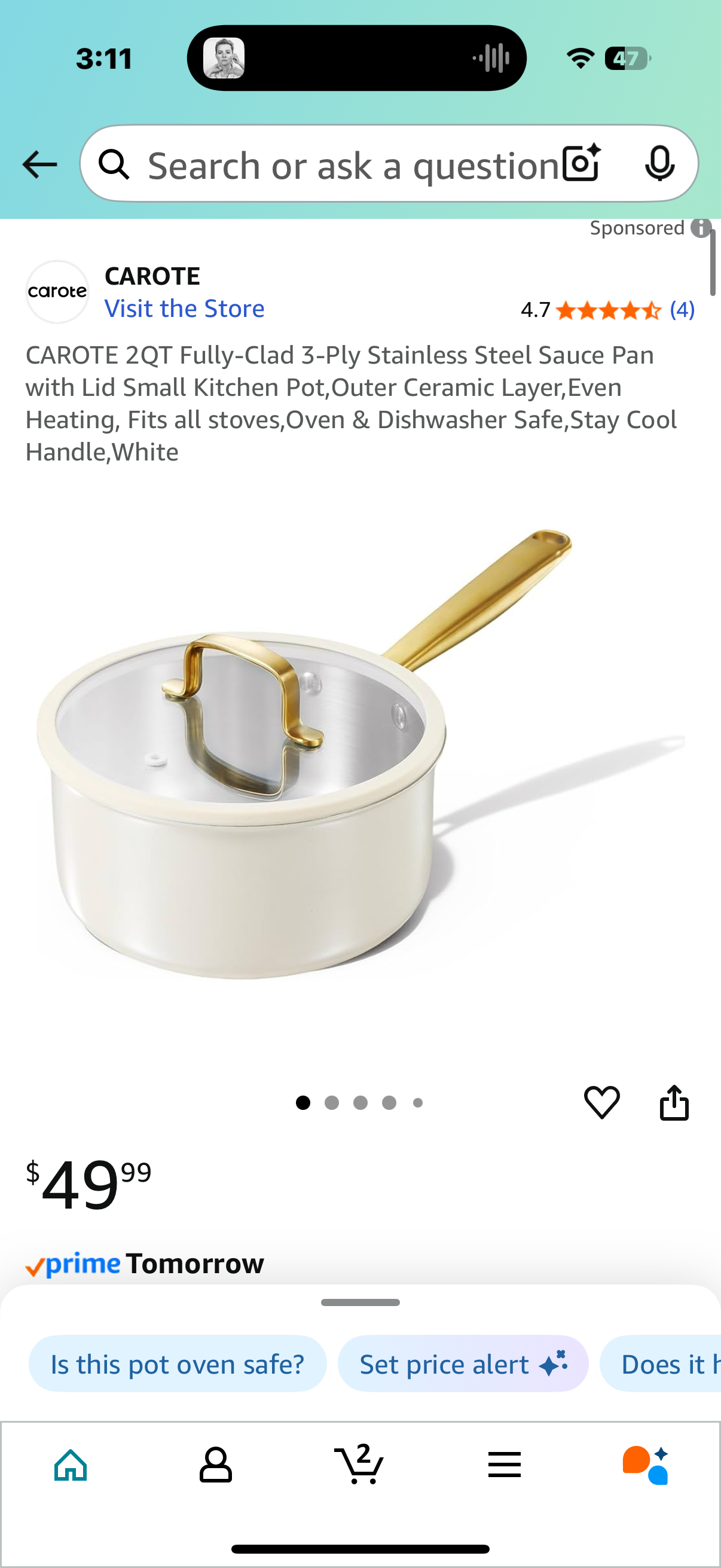 CAROTE 2QT Fully-Clad 3-Ply Stainless Steel Sauce Pan with Lid Small Kitchen Pot,Outer Ceramic Layer,Even Heating, Fits all stoves,Oven & Dishwasher Safe,Stay Cool Handle,White