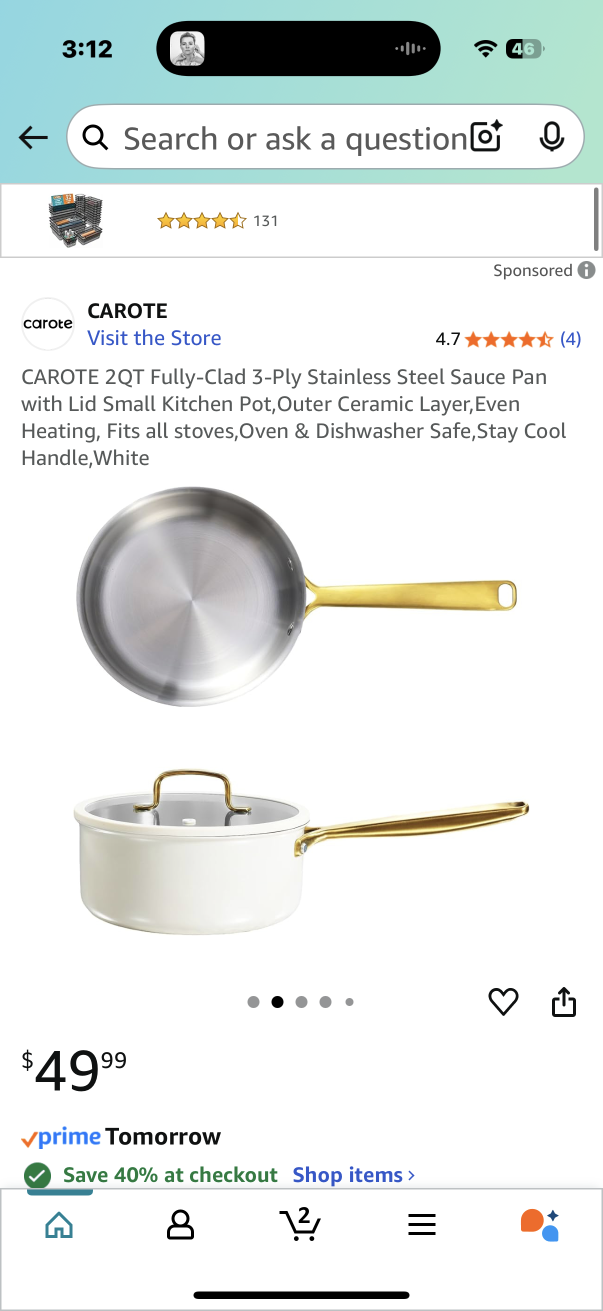 CAROTE 2QT Fully-Clad 3-Ply Stainless Steel Sauce Pan with Lid Small Kitchen Pot,Outer Ceramic Layer,Even Heating, Fits all stoves,Oven & Dishwasher Safe,Stay Cool Handle,White