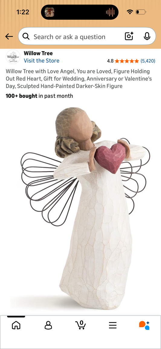 Willow Tree with Love Angel, You are Loved, Figure Holding Out Red Heart, Gift for Wedding, Anniversary or Valentine’s Day, Sculpted Hand-Painted Darker-Skin Figure