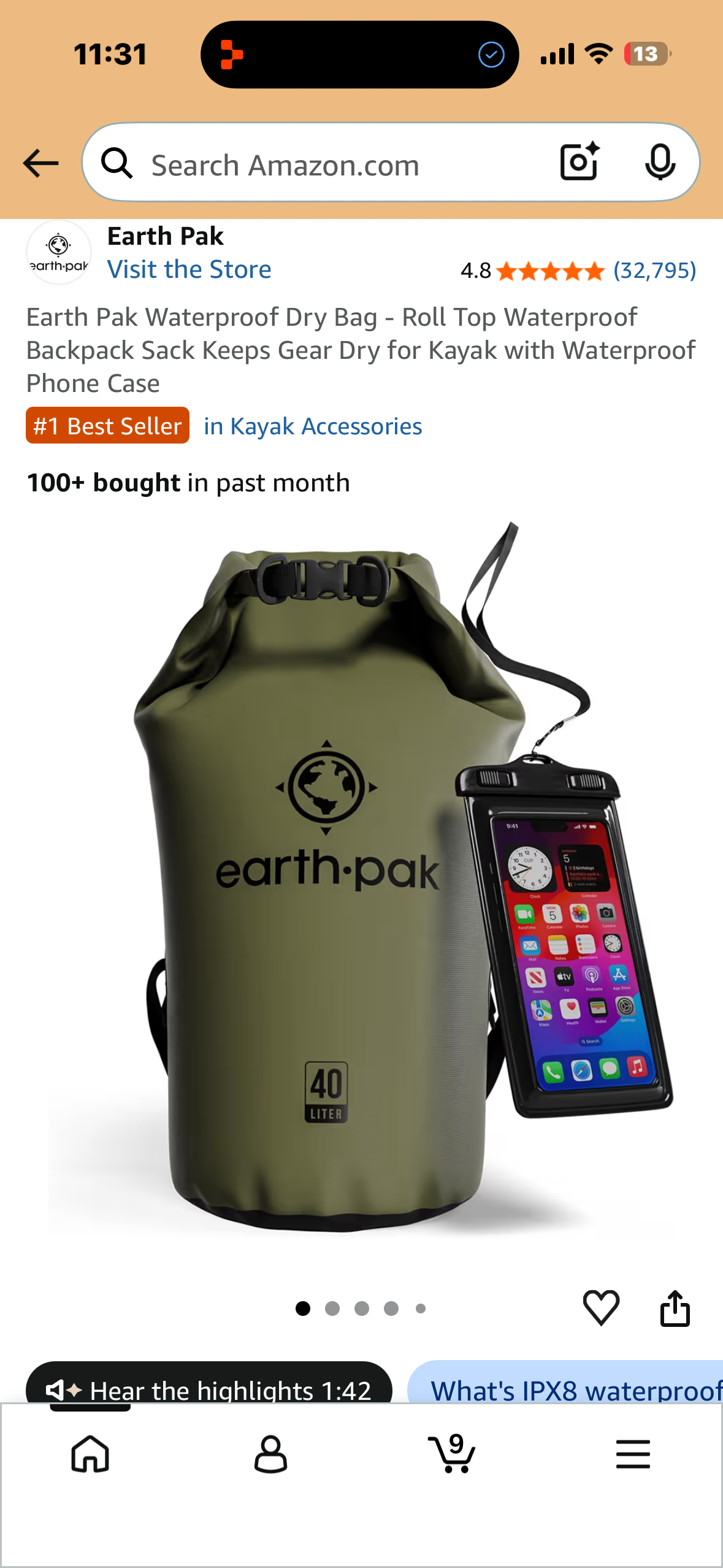 Earth Pak Waterproof Dry Bag - Roll Top Waterproof Backpack Sack Keeps Gear Dry for Kayak (40 L)
