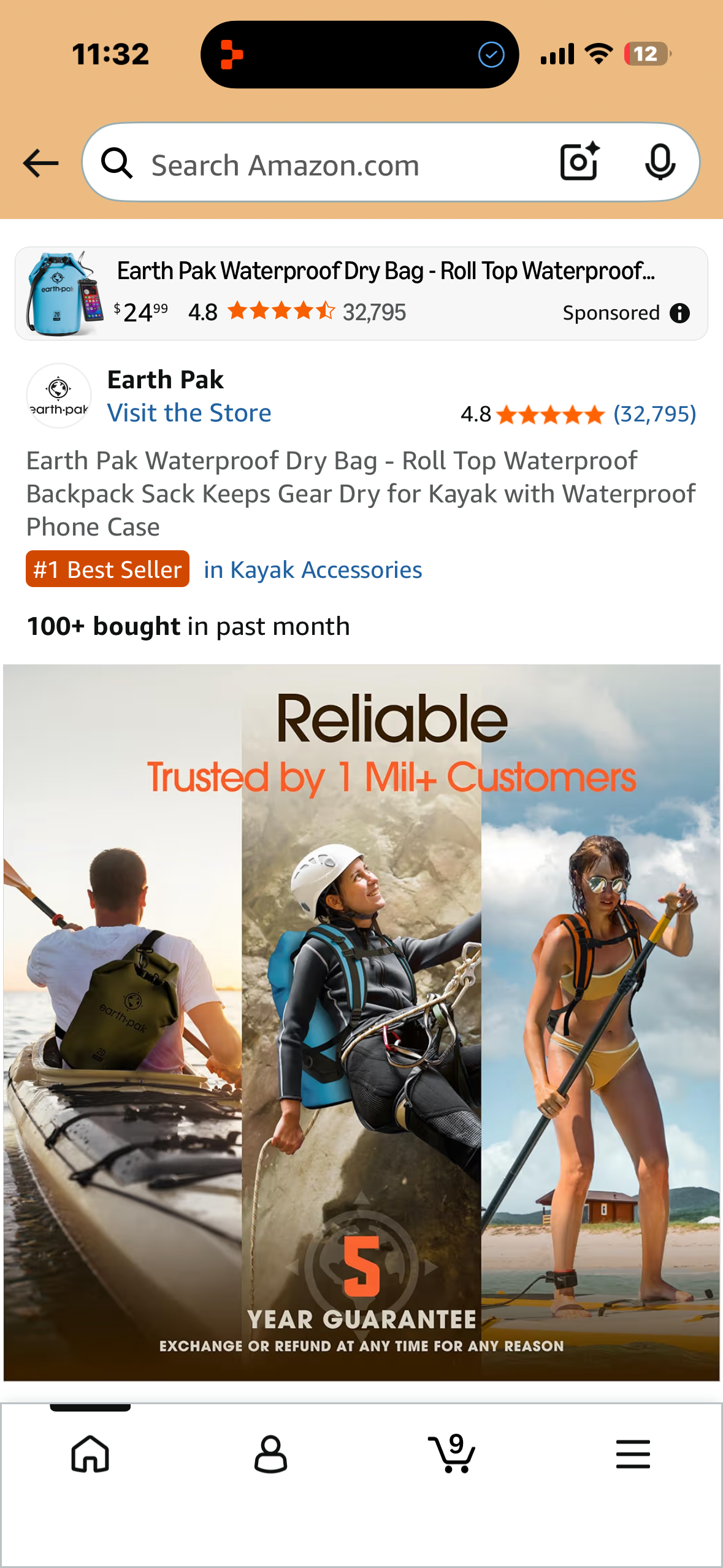 Earth Pak Waterproof Dry Bag - Roll Top Waterproof Backpack Sack Keeps Gear Dry for Kayak (40 L)
