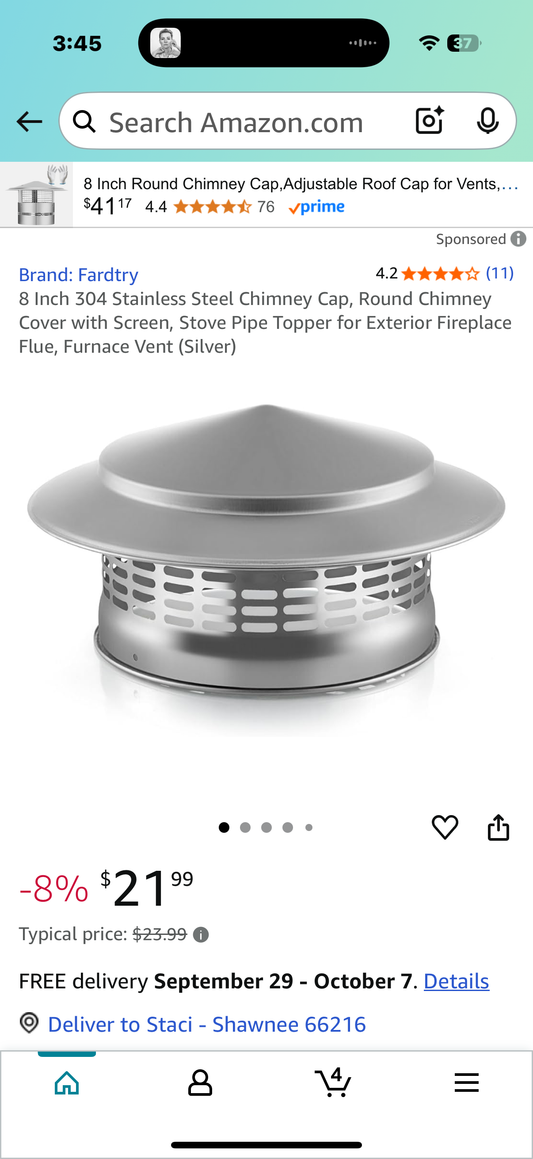 8 Inch 304 Stainless Steel Chimney Cap, Round Chimney Cover with Screen, Stove Pipe Topper for Exterior Fireplace Flue, Furnace Vent (Silver