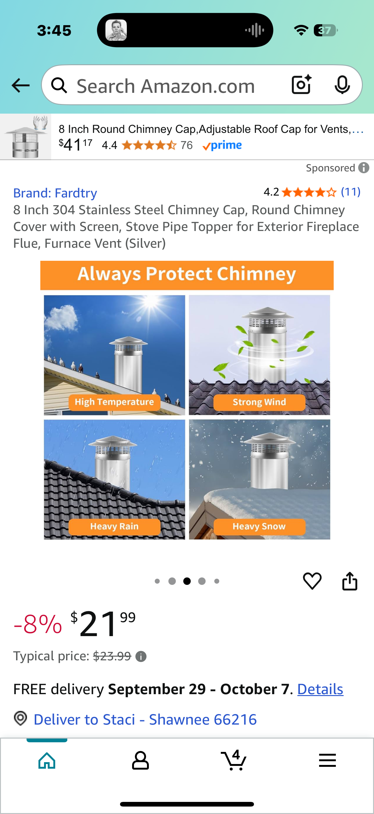 8 Inch 304 Stainless Steel Chimney Cap, Round Chimney Cover with Screen, Stove Pipe Topper for Exterior Fireplace Flue, Furnace Vent (Silver