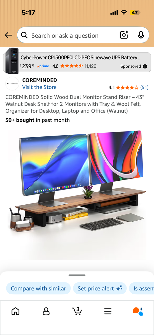 COREMINDED Solid Wood Dual Monitor Stand Riser – 43" Walnut Desk Shelf for 2 Monitors with Tray & Wool Felt, Organizer for Desktop, Laptop and Office (Walnut