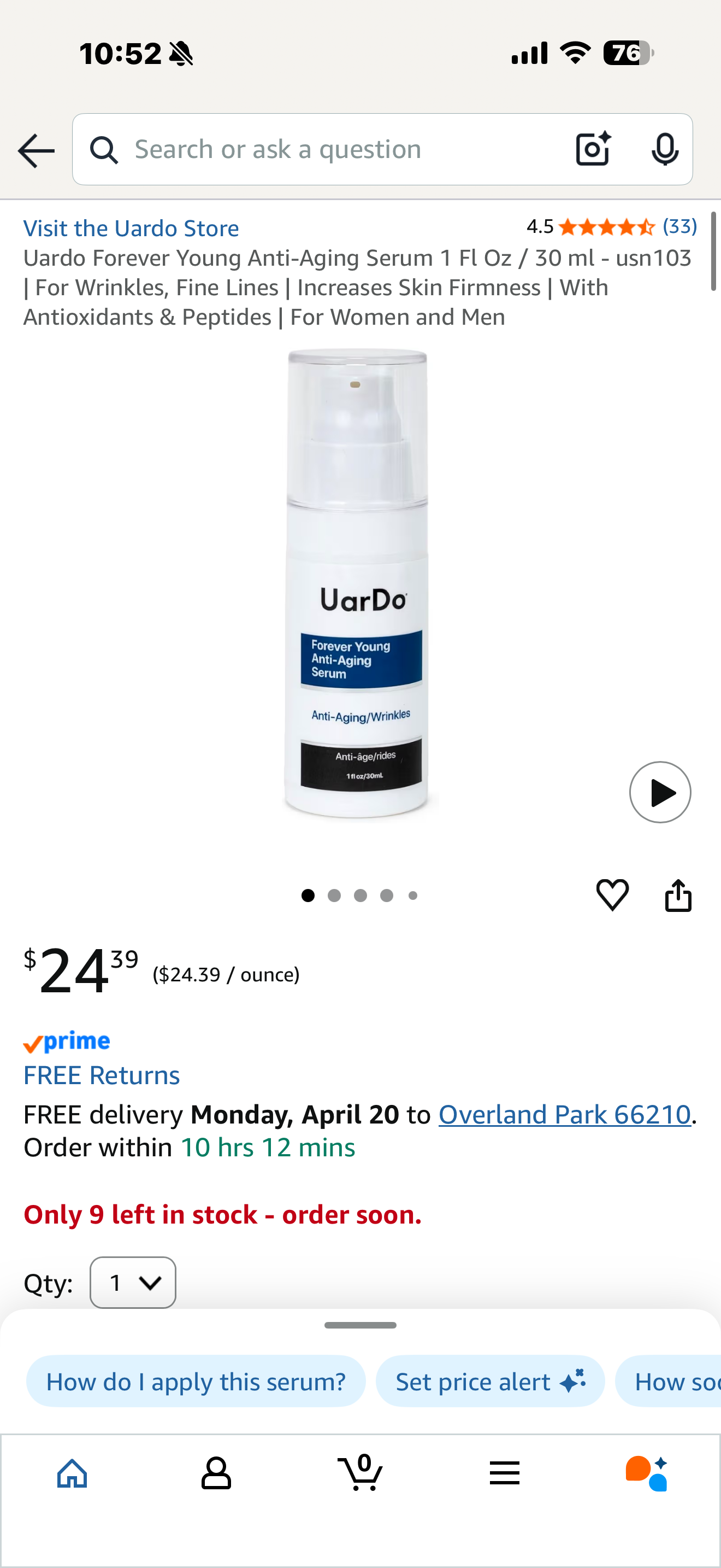 Uardo Forever Young Anti-Aging Serum 1 Fl Oz / 30 ml - usn103 | For Wrinkles, Fine Lines | Increases Skin Firmness | With Antioxidants & Peptides | For Women and Men